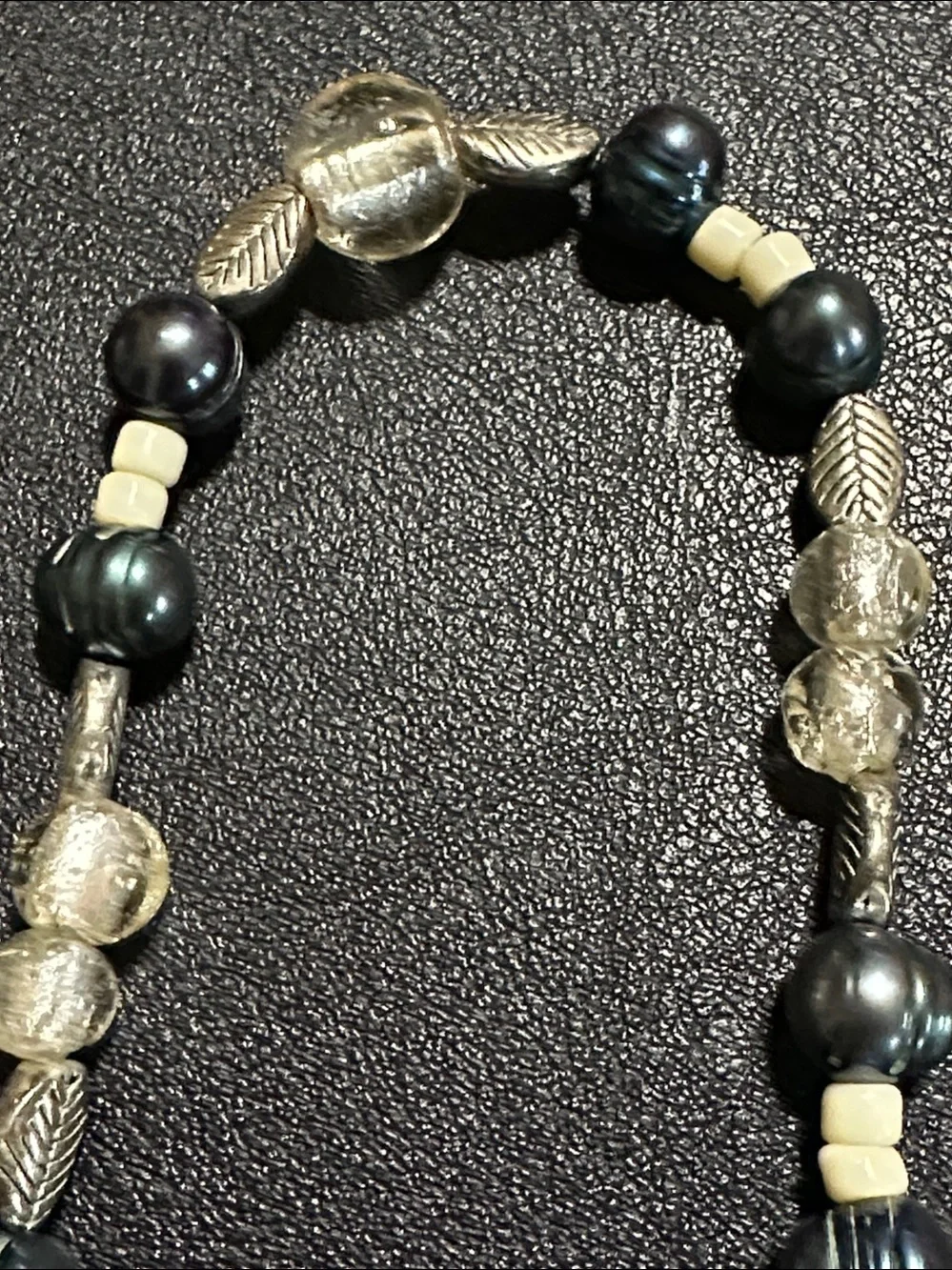 Silver Tone Leaves, Glass, Pearl & White Bead 10” Key Chain/Bag Charm